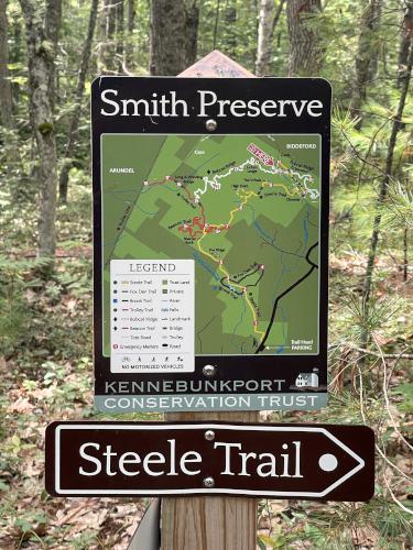 trail-junction sign in August at Smith Preserve near Kennebunkport in southern Maine