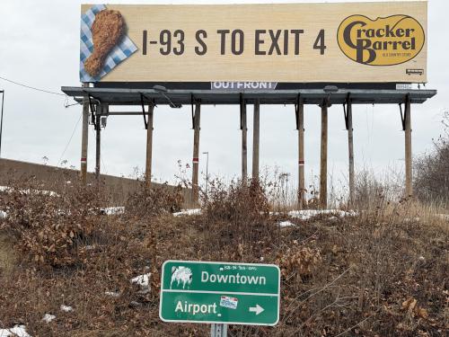 Route 293 billboard in March at South Manchester Rail Trail in southern New Hampshire