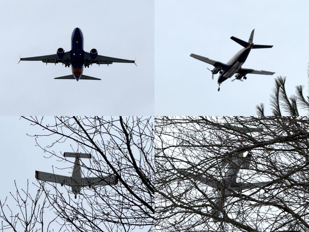 Planes in March above South Manchester Rail Trail coming in to land at the airport in southern NH