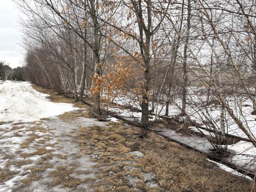 railroad track remains in March at South Manchester Rail Trail in southern New Hampshire