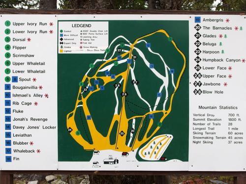 trail map of Whaleback Ski Area near Lebanon in western New Hampshire