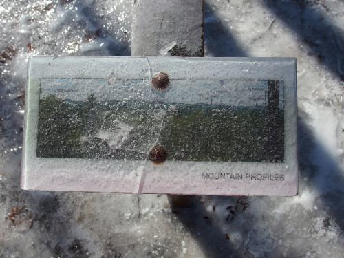 Mountain Vista sign coated in ice in January at Winant Park near Concord in southern New Hampshire