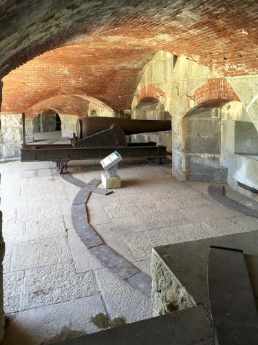 cannon on display inside Fort Knox at the top of Penobscot Bay in coastal Maine