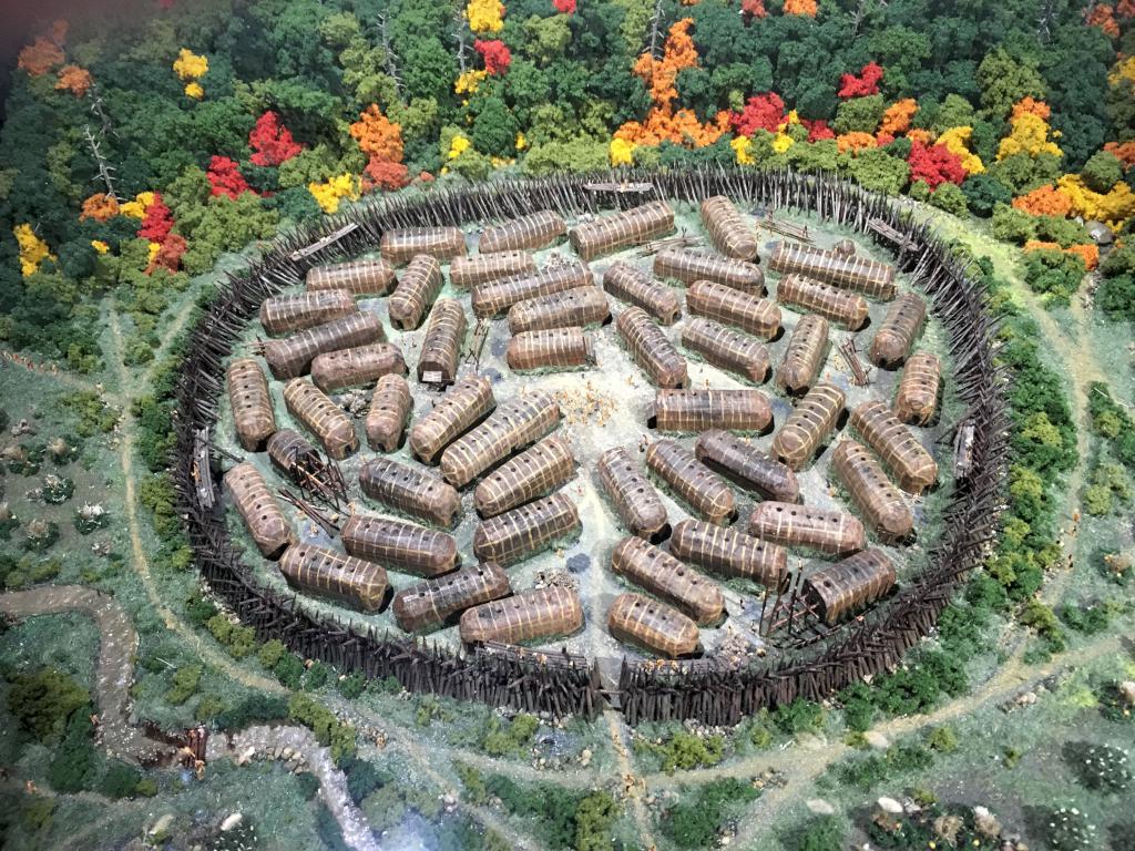 model of a typical Iroquoian village at the archealogy museum in Montreal, Canada