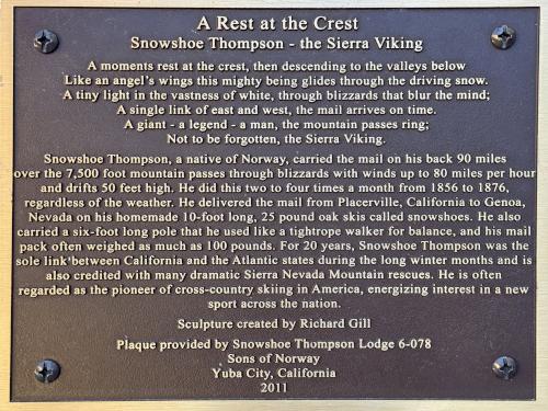 plaque about Snowshoe Thompson in Olympic Valley near Tahoe, California
